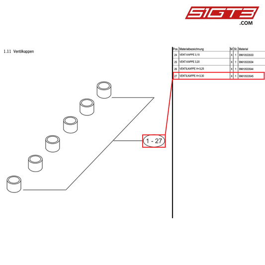 VALVE CAP H=3.30 - 99610533545 [PORSCHE 997.1 GT3 R]