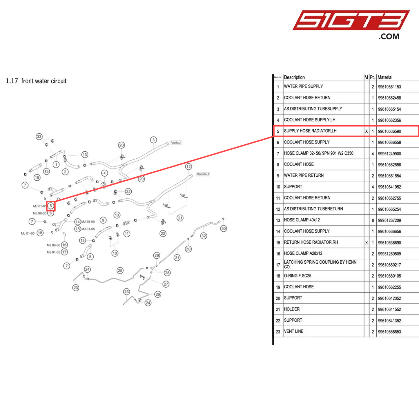 SUPPLY HOSE RADIATOR,LH - 99610636590 [PORSCHE 996 GT3 Cup]