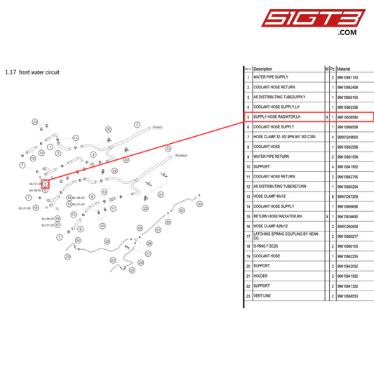 SUPPLY HOSE RADIATOR,LH - 99610636590 [PORSCHE 996 GT3 Cup]