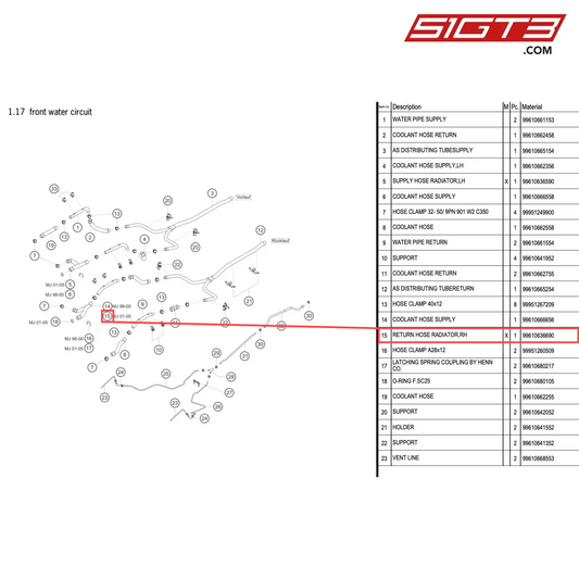 RETURN HOSE RADIATOR,RH - 99610636690 [PORSCHE 996 GT3 Cup]