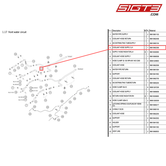 COOLANT HOSE SUPPLY,LH - 99610662356 [PORSCHE 996 GT3 Cup]