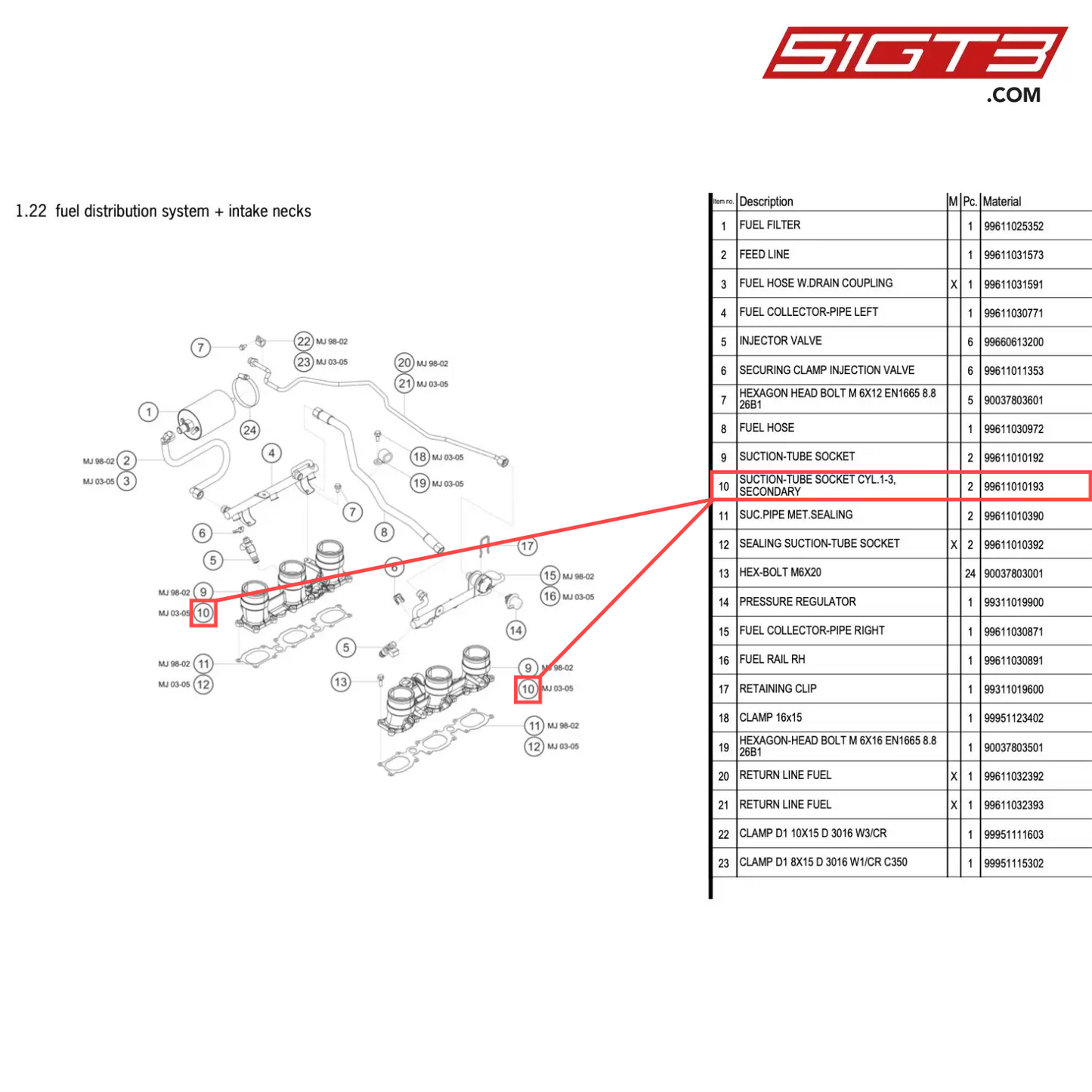 SUCTION-TUBE SOCKET CYL.1-3,SECONDARY - 99611010193 [PORSCHE 996 GT3 Cup]