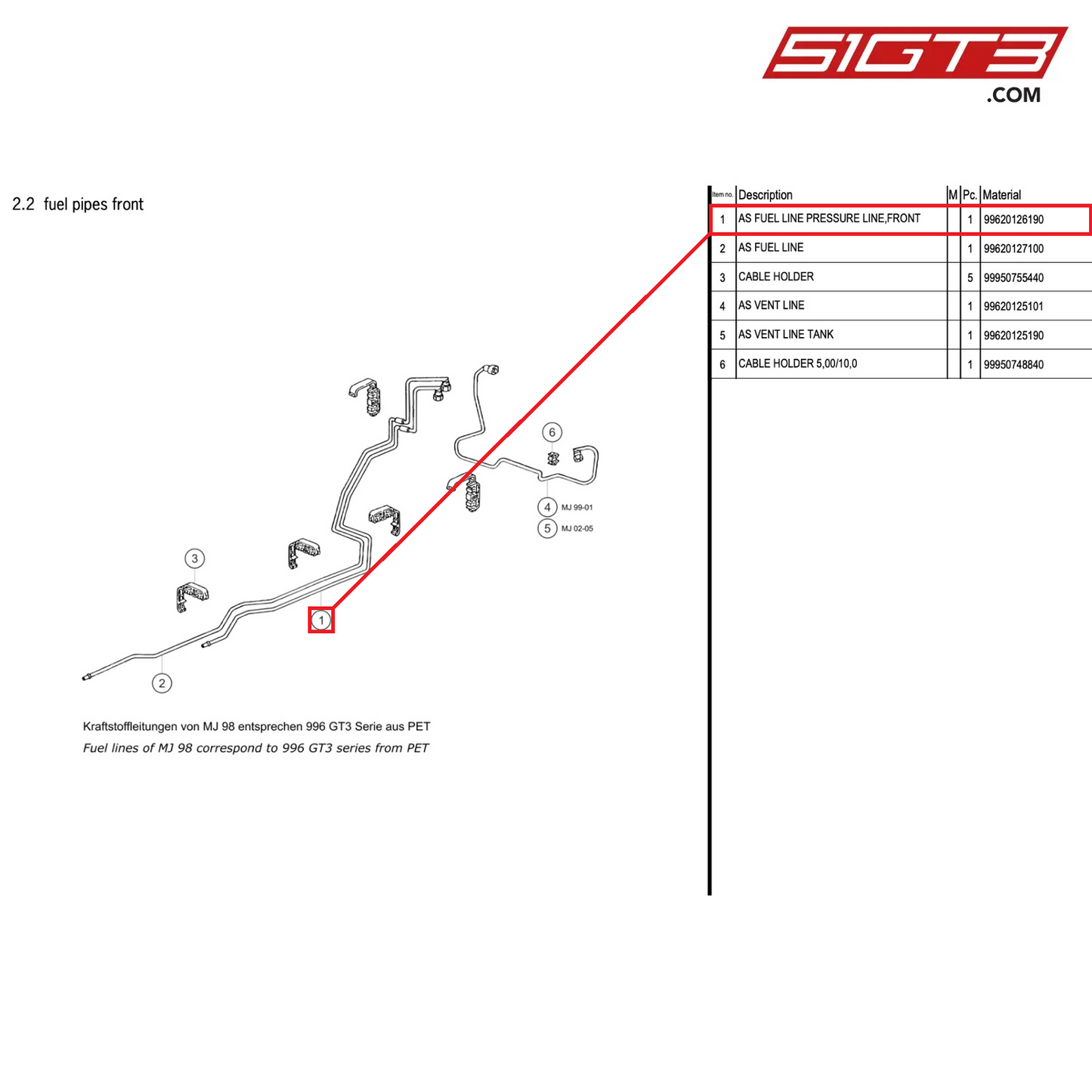 AS FUEL LINE PRESSURE LINE,FRONT - 99620126190 [PORSCHE 996 GT3 Cup]