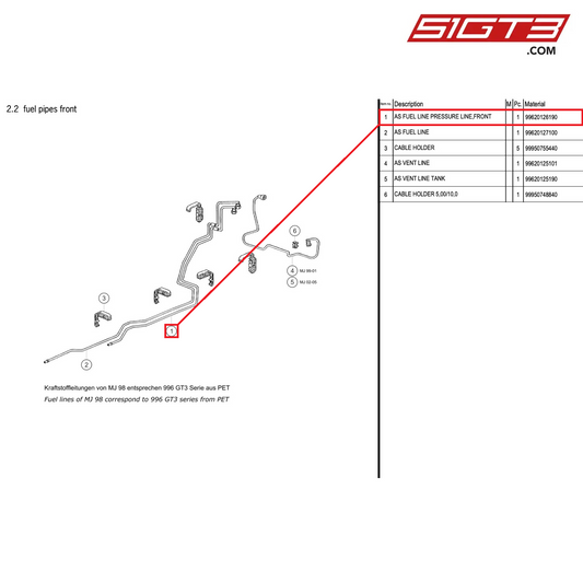 AS FUEL LINE PRESSURE LINE,FRONT - 99620126190 [PORSCHE 996 GT3 Cup]