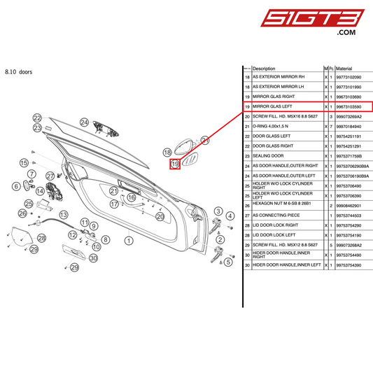 MIRROR GLAS LEFT - 99673103590 [PORSCHE 997.2 GT3 Cup]