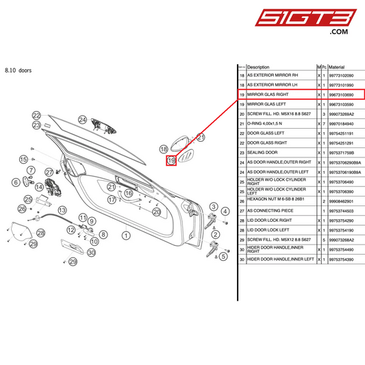MIRROR GLAS RIGHT - 99673103690 [PORSCHE 997.2 GT3 Cup]