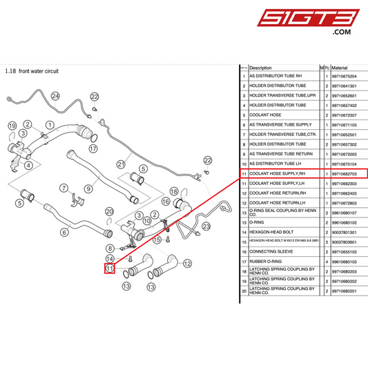 COOLANT HOSE SUPPLY,RH - 99710662703 [PORSCHE 997.2 GT3 Cup]
