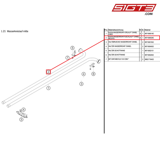 COOLANT PIPE RETURN,TUNNEL RIGHT - 9971066528C [PORSCHE 997.1 GT3 R]
