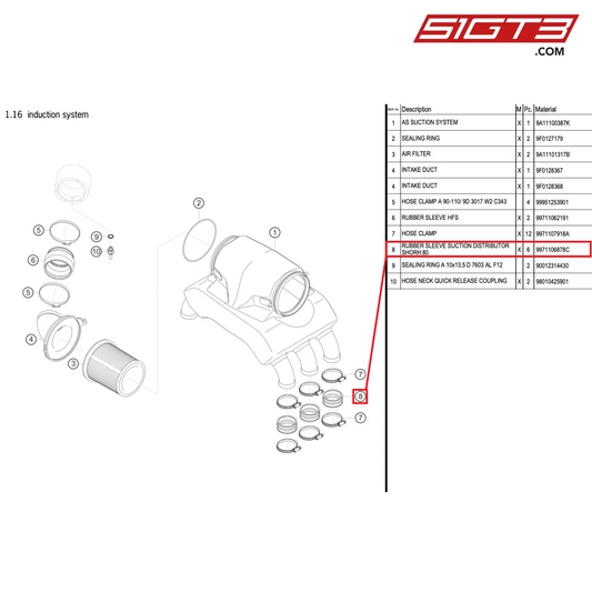 RUBBER SLEEVE SUCTION DISTRIBUTOR SHORH:80 - 9971106878C [PORSCHE 911 GT3 R Type 991 (GEN 2)]