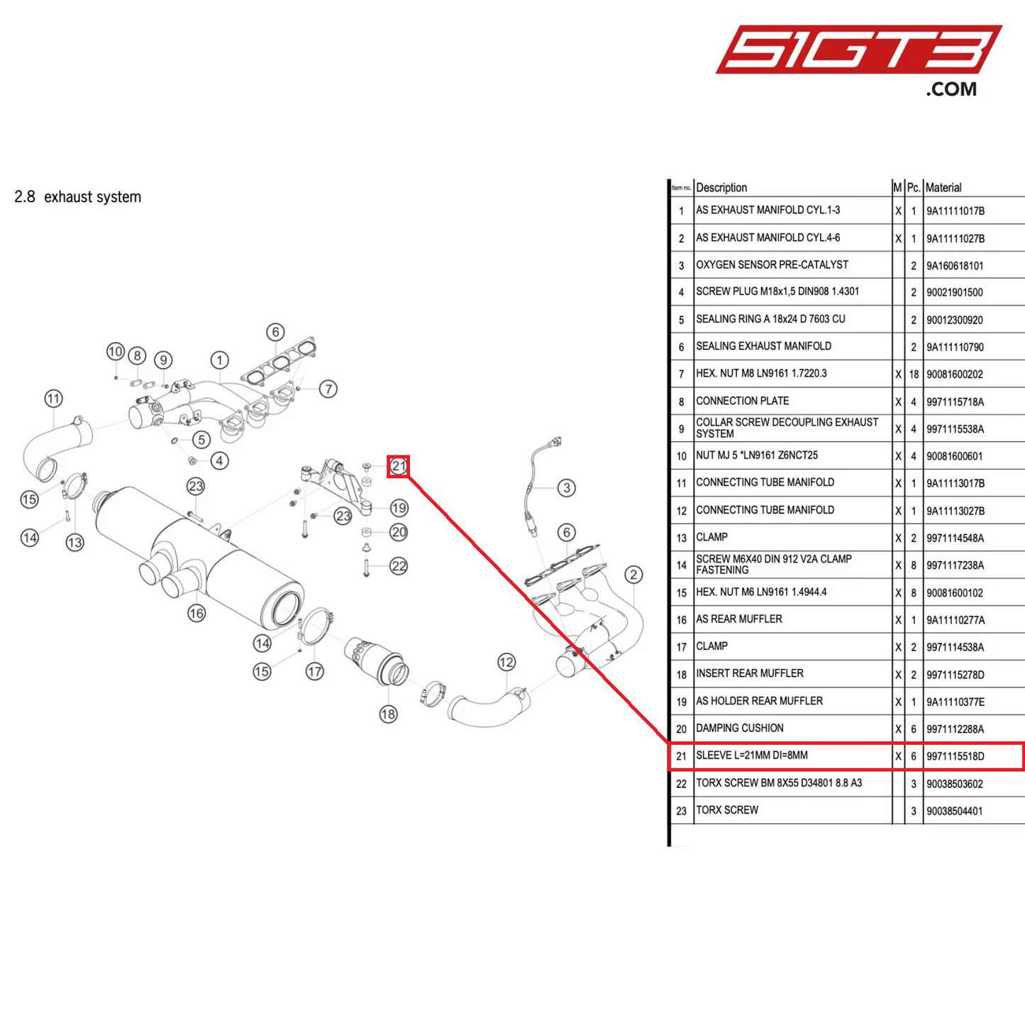 SLEEVE L=21MM DI=8MM - 9971115518D [PORSCHE 911 GT3 R Type 991 (GEN 2)]