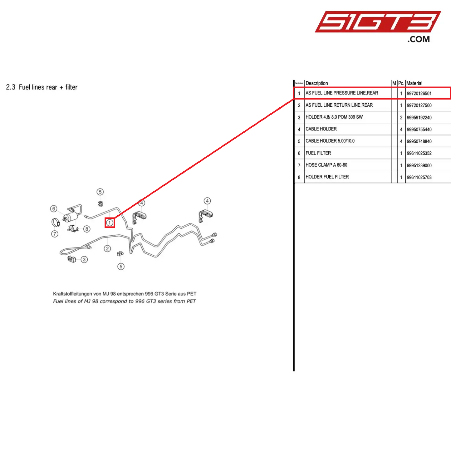 AS FUEL LINE PRESSURE LINE,REAR - 99720126501 [PORSCHE 996 GT3 Cup]