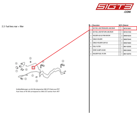 AS FUEL LINE PRESSURE LINE,REAR - 99720126501 [PORSCHE 996 GT3 Cup]