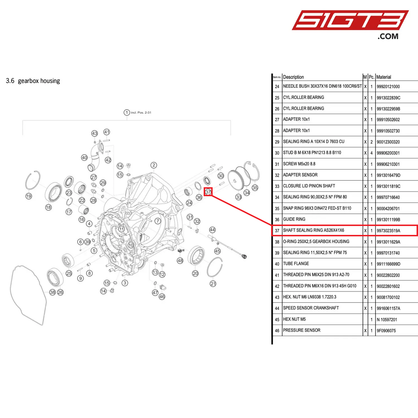 SHAFT SEALING RING AS26X41X6 - 9973023519A [PORSCHE 911 GT3 R Type 991 (GEN 2)]