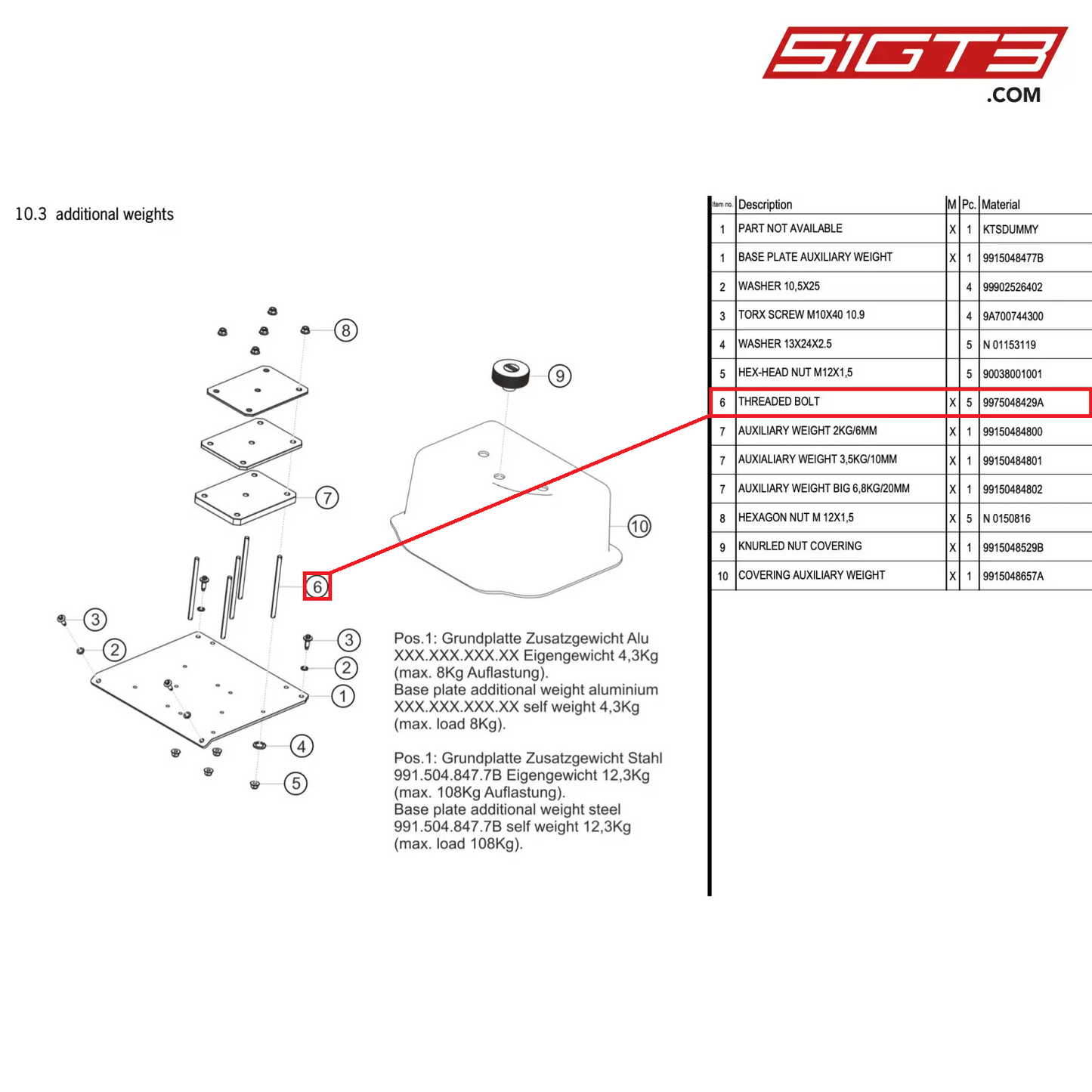 THREADED BOLT - 9975048429A [PORSCHE 911 GT2 RS Clubsport]