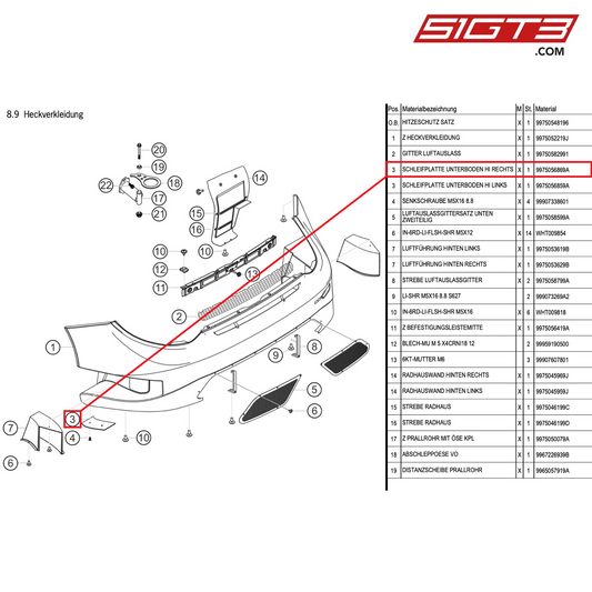 PLAQUE DE MEULAGE SOUS LA CAISSE, ARRIÈRE DROIT - 9975056869A [PORSCHE 997.1 GT3 R]