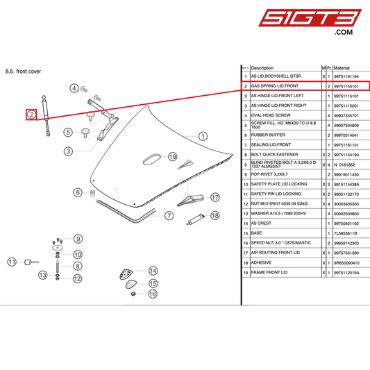 GAS SPRING LID,FRONT - 99751155101 [PORSCHE 997.2 GT3 Cup]