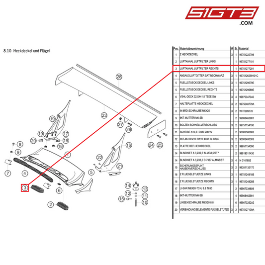 CONDUIT D'AIR FILTRE À AIR DROIT - 99751277201 [PORSCHE 997.1 GT3 R]