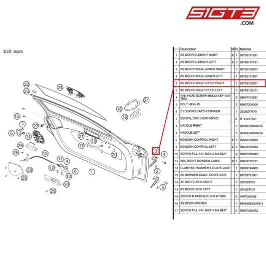 AS DOOR HINGE UPPER RIGHT - 99753132201 [PORSCHE 997.2 GT3 Cup]