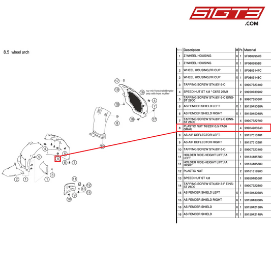 PLASTIC NUT T6/22X10,5 PA66 GRAU - 99904903240 [PORSCHE 991.2 GT3 Cup]