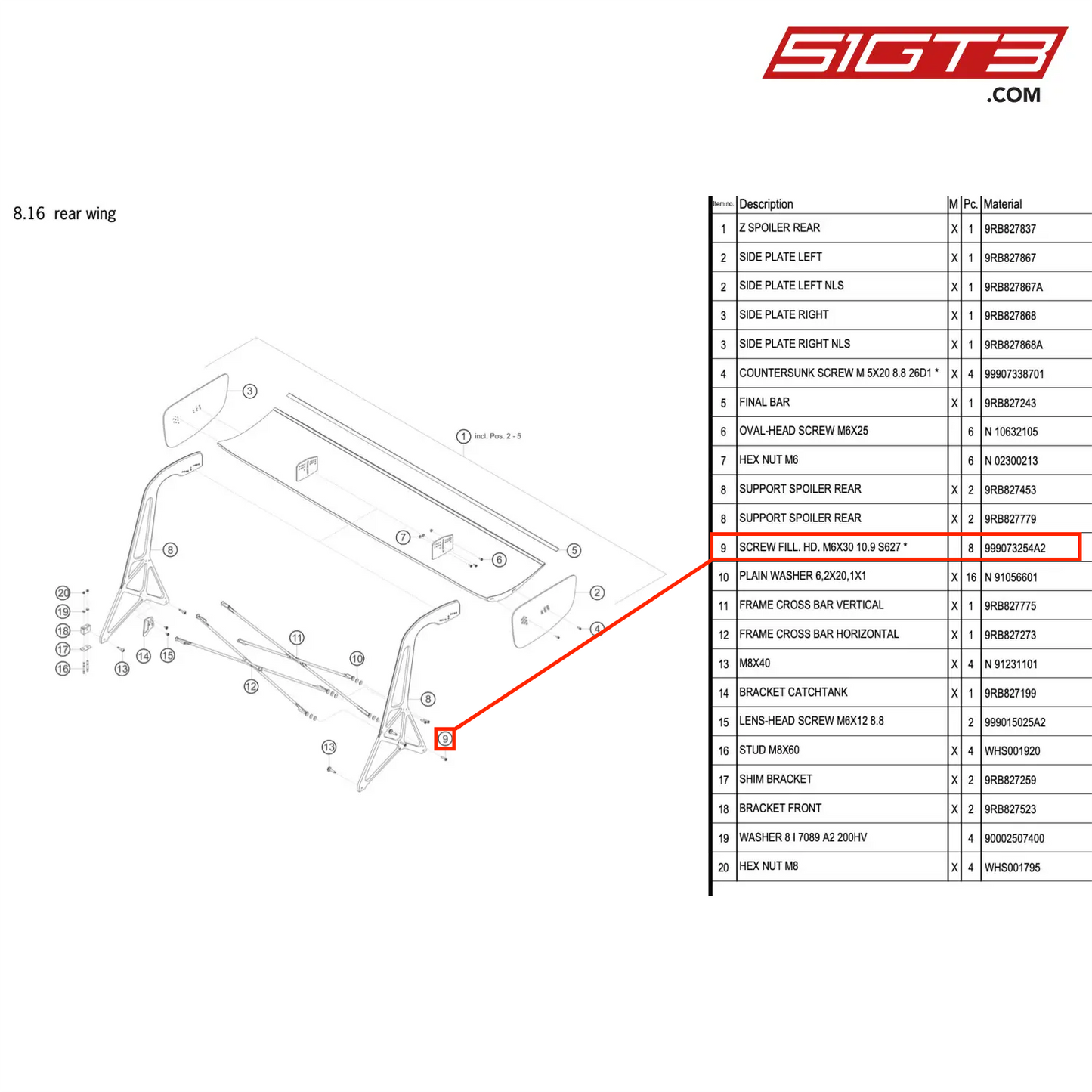 SCREW FILL. HD. M6X30 10.9 S627 * - 999073254A2 [PORSCHE 992.1 GT3 R]