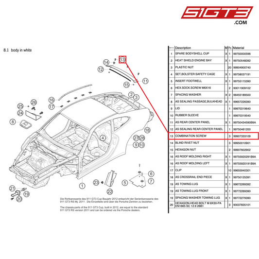 COMBINATION SCREW - 99907333109 [PORSCHE 997.2 GT3 Cup]