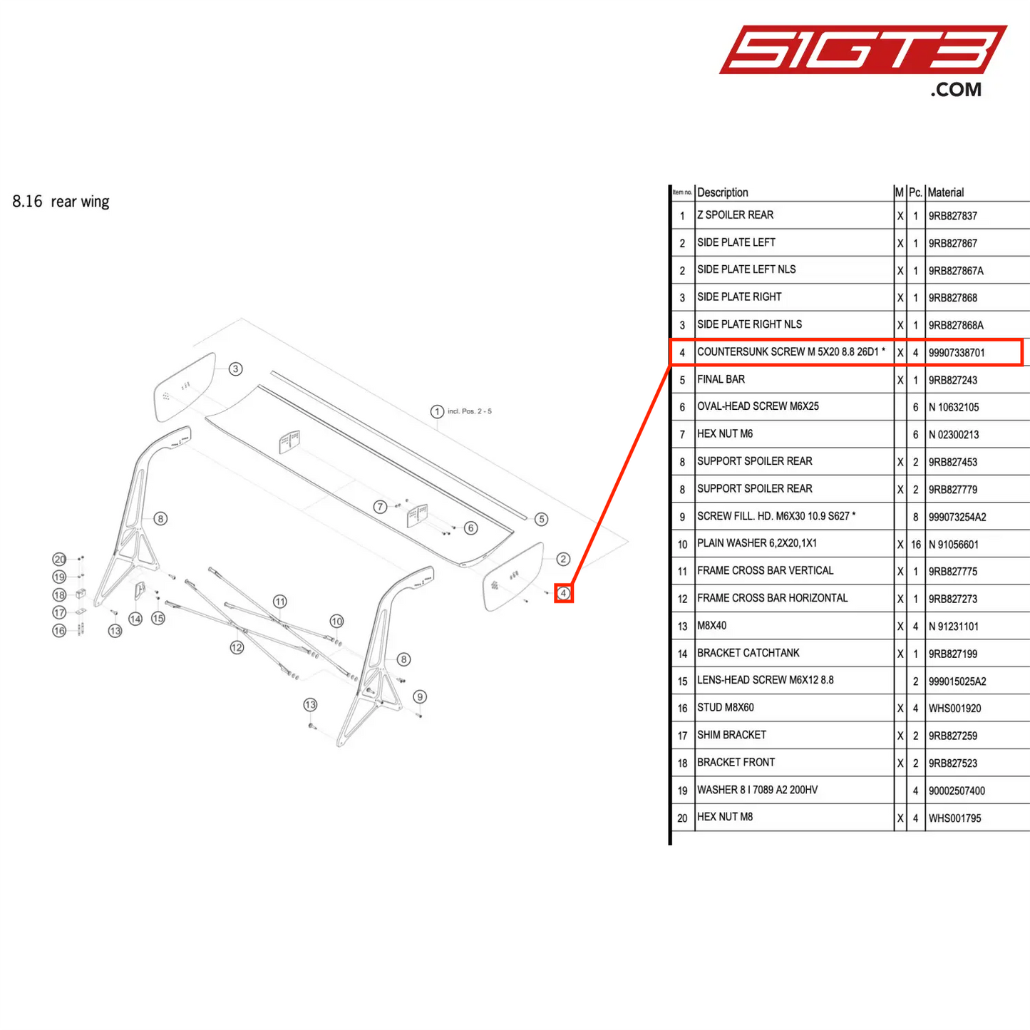 COUNTERSUNK SCREW M 5X20 8.8 26D1 * - 99907338701 [PORSCHE 992.1 GT3 R]