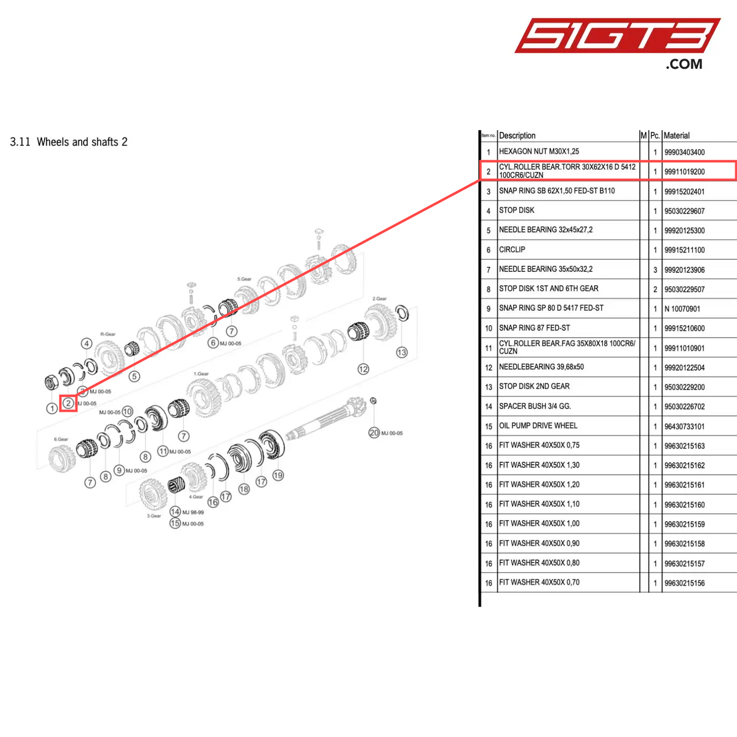 CYL.ROLLER BEAR.TORR 30X62X16 D 5412 100CR6/CUZN - 99911019200 [PORSCHE 996 GT3 Cup]