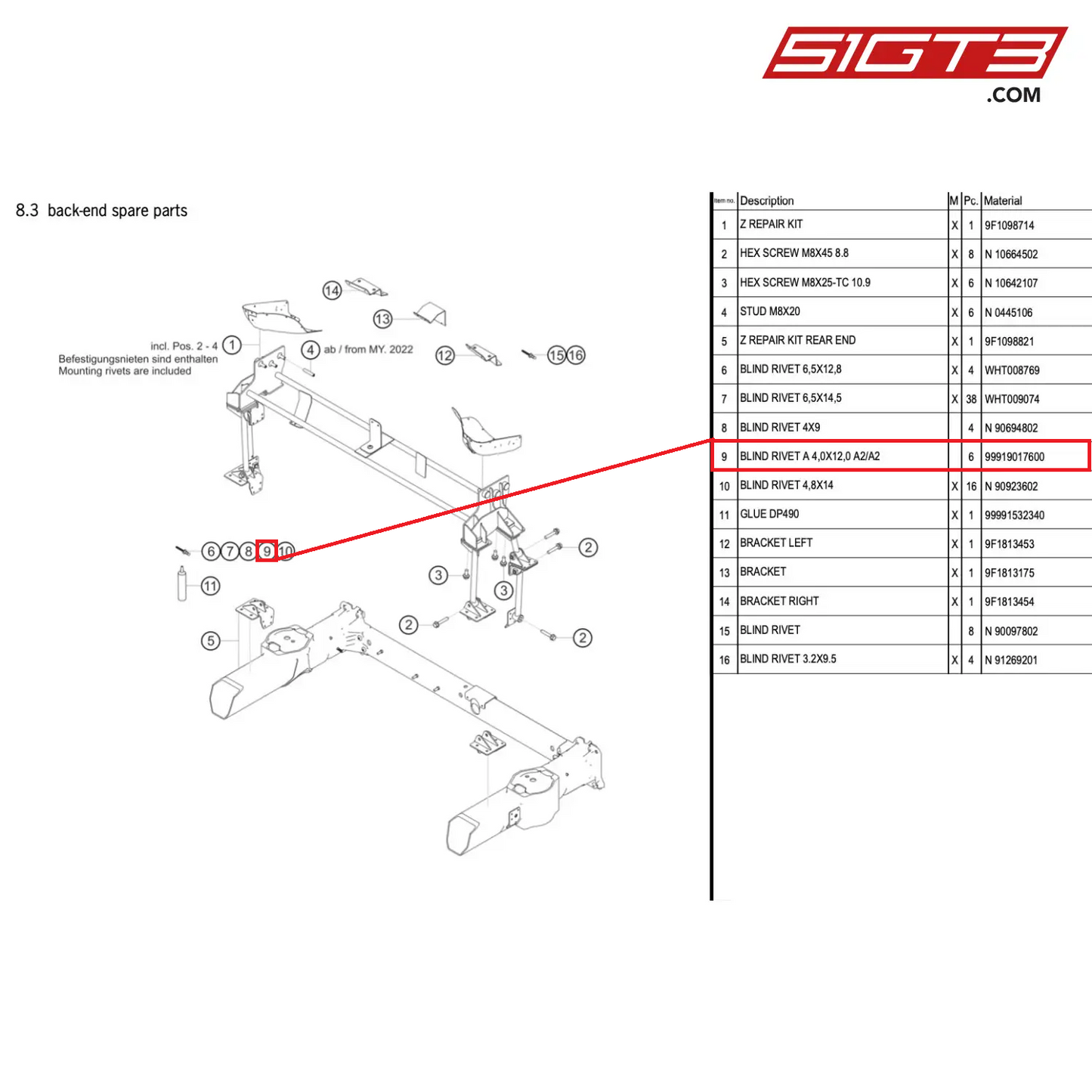 BLIND RIVET A 4,0X12,0 A2/A2 - 99919017600 [PORSCHE 911 GT3 Cup Type 992]