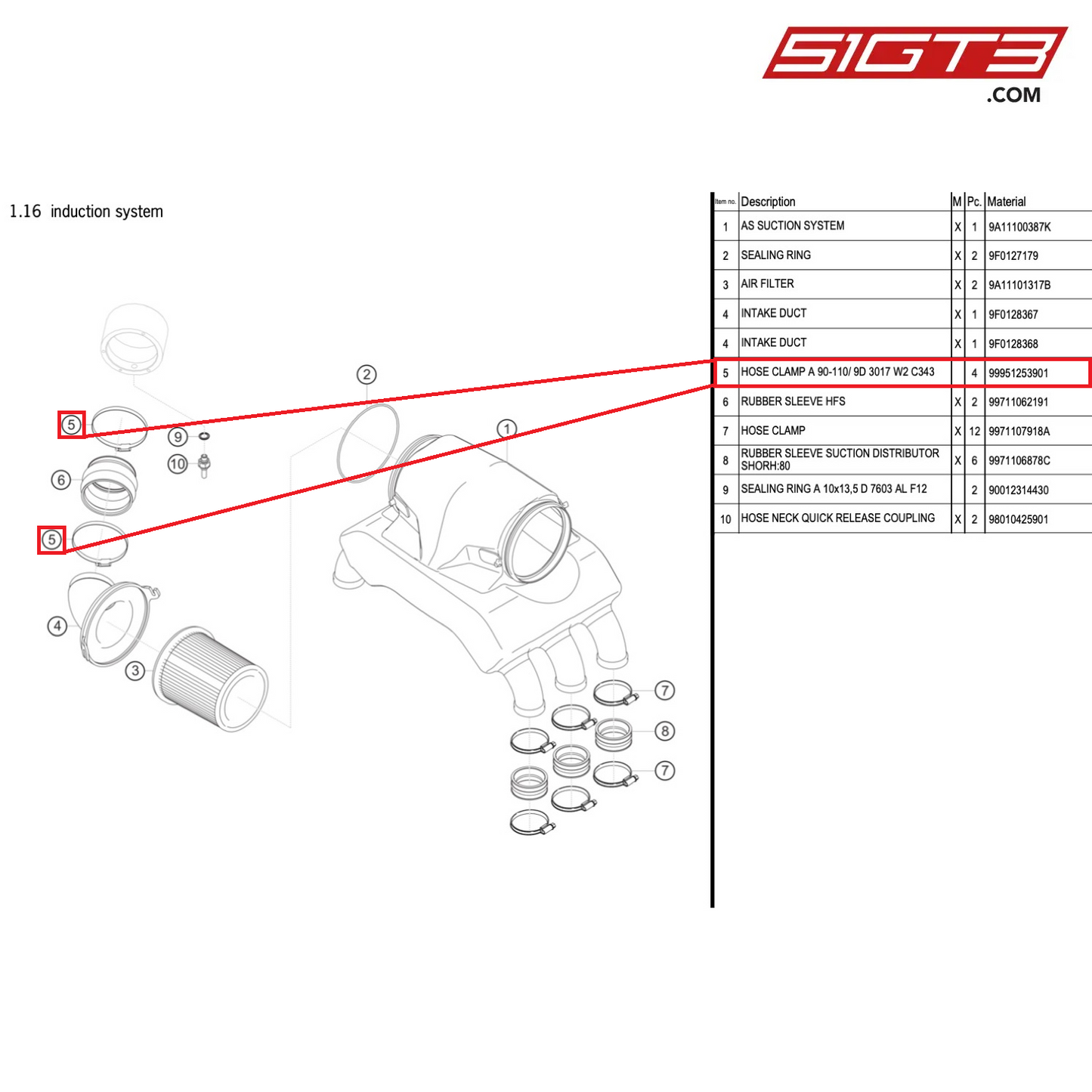 HOSE CLAMP A 90-110/ 9D 3017 W2 C343 - 99951253901 [PORSCHE 911 GT3 R Type 991 (GEN 2)]