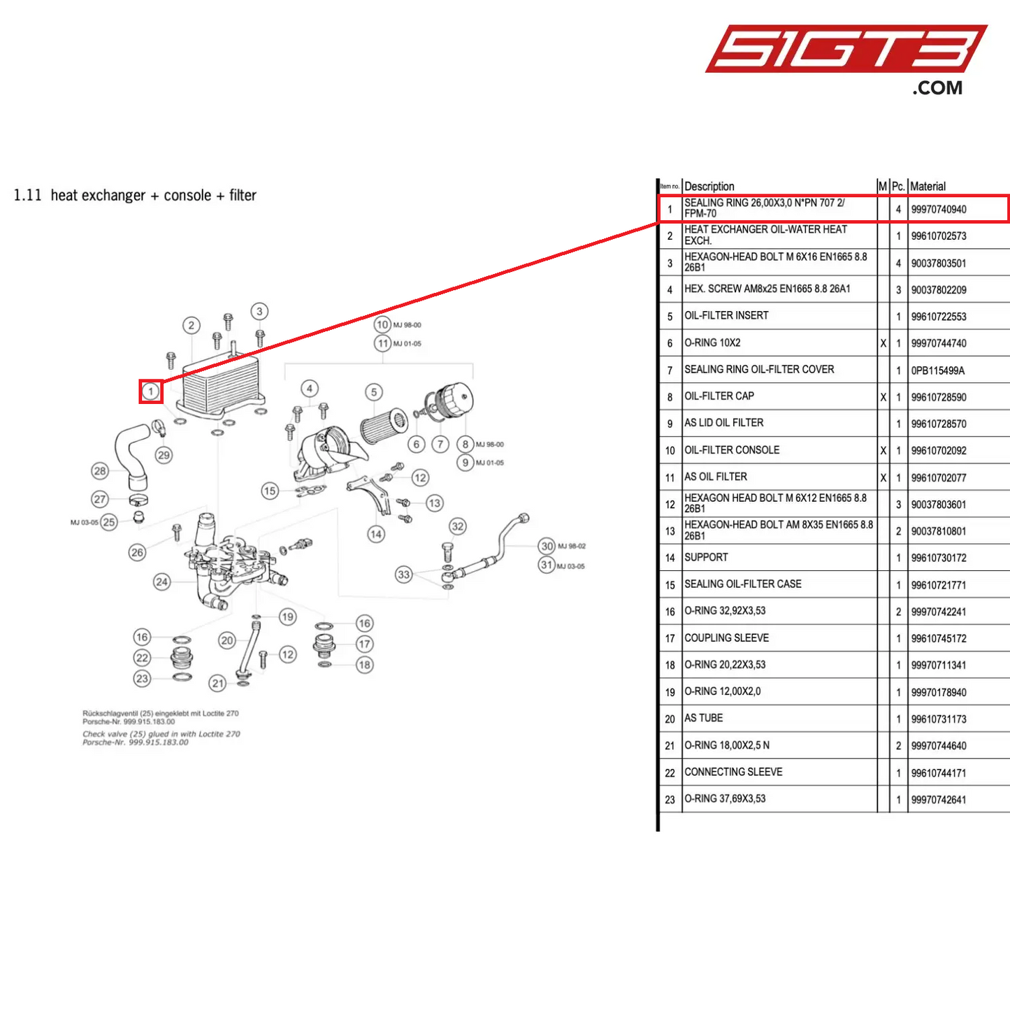 SEALING RING 26,00X3,0 N*PN 707 2/FPM-70 - 99970740940 [PORSCHE 996 GT3 Cup]