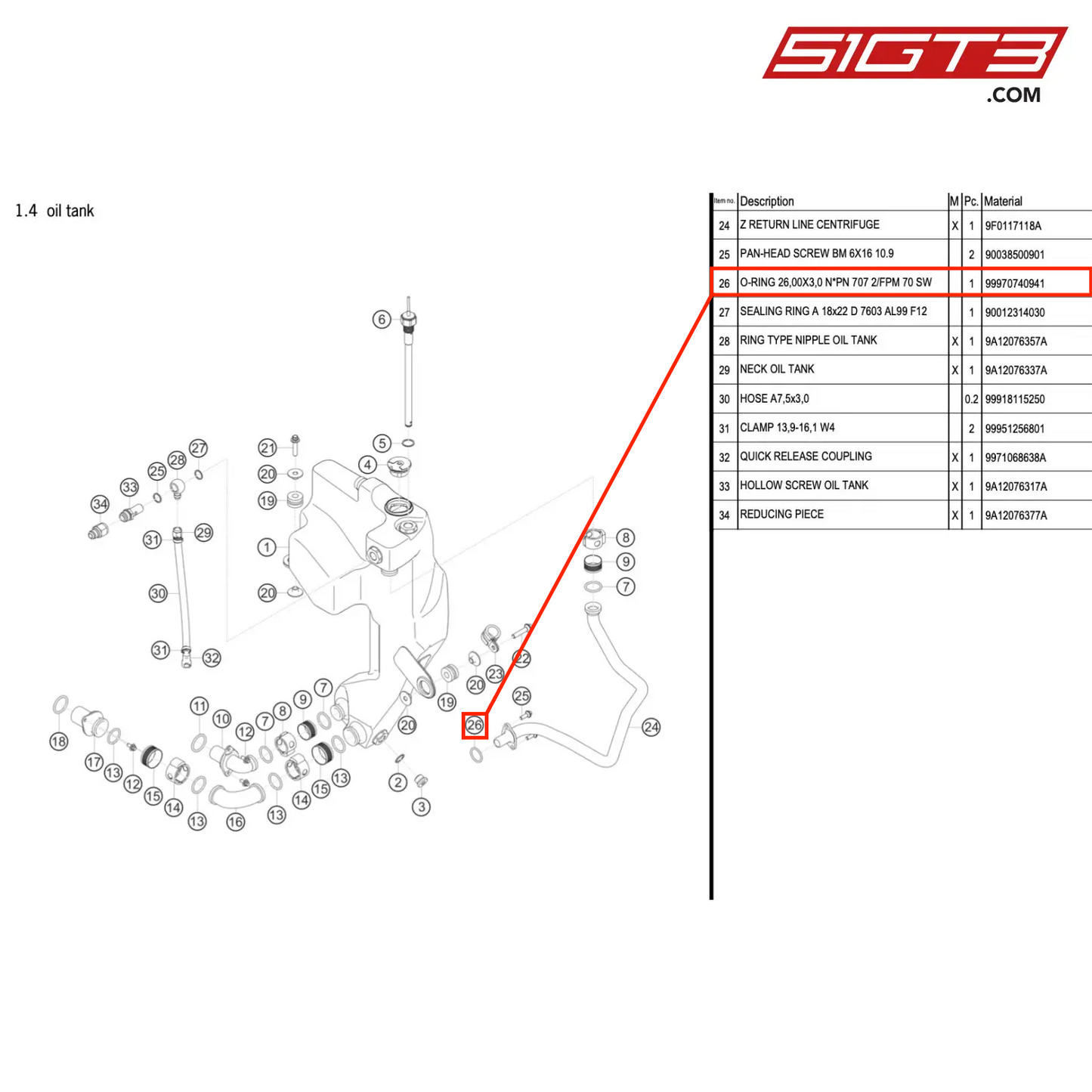 O-RING 26,00X3,0 N*PN 707 2/FPM 70 SW - 99970740941 [PORSCHE 911 GT3 R Type 991 (GEN 2)]