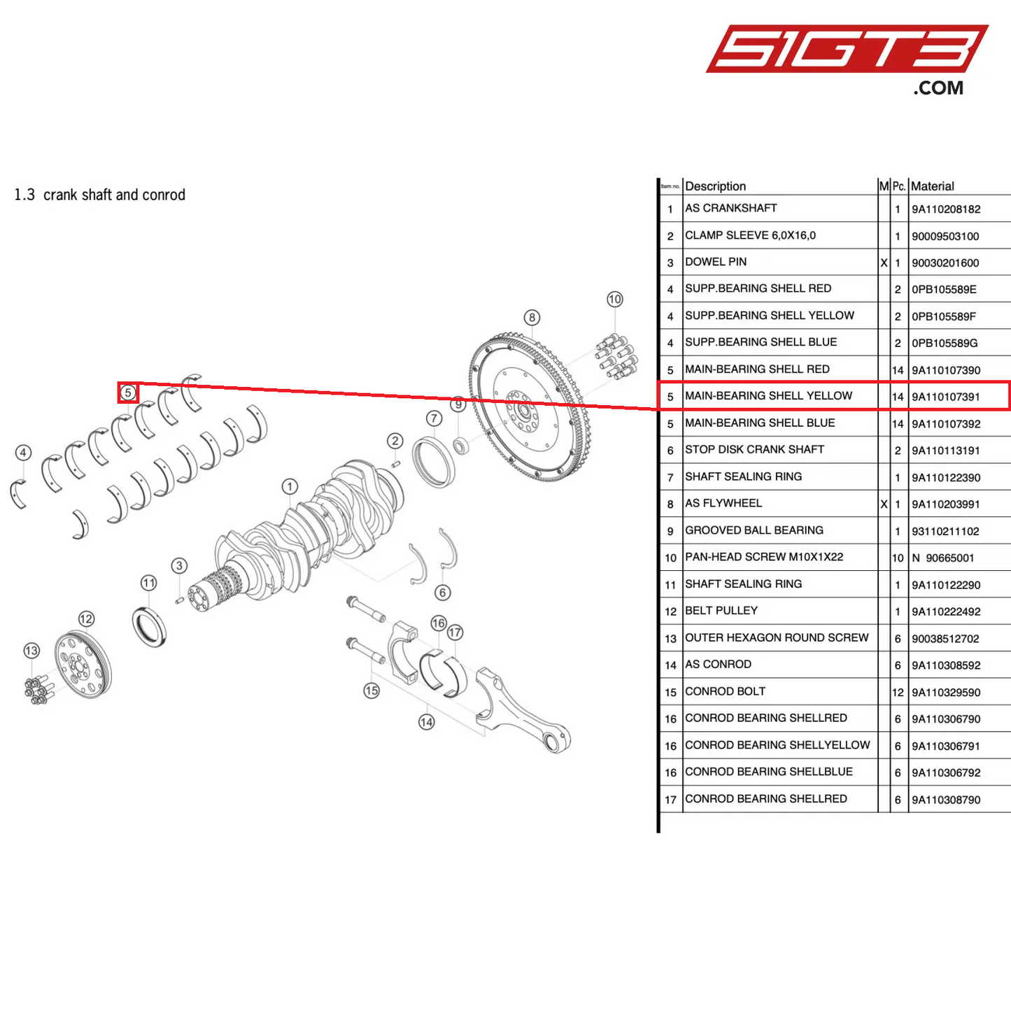 MAIN-BEARING SHELL YELLOW - 9A110107391 [PORSCHE 991.2 GT3 Cup]