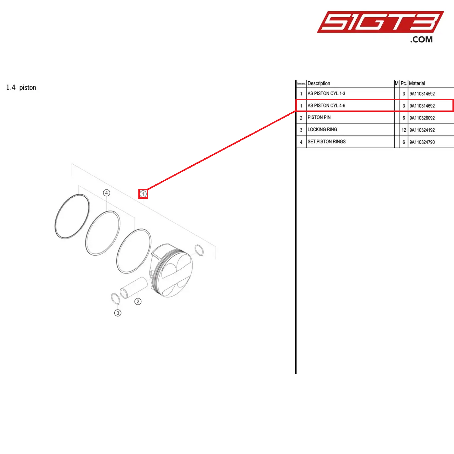 AS PISTON CYL.4-6 - 9A110314692 [PORSCHE 991.1 GT3 Cup (2017)]