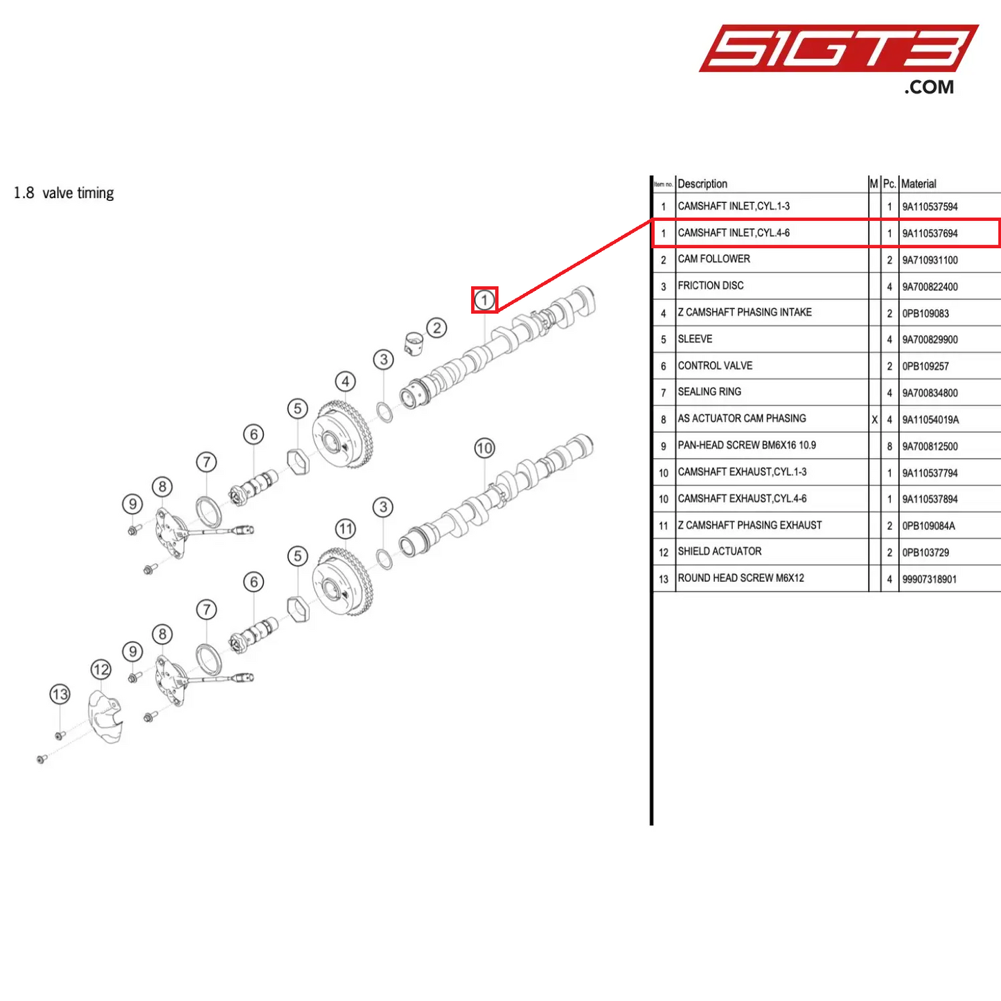 CAMSHAFT INLET,CYL.4-6 - 9A110537694 [PORSCHE 991.1 GT3 Cup (2017)]