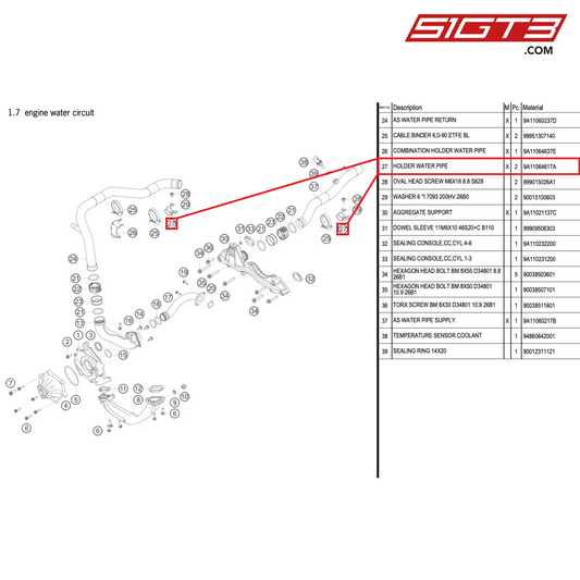 HOLDER WATER PIPE - 9A11064617A [PORSCHE 911 GT3 R Type 991 (GEN 2)]