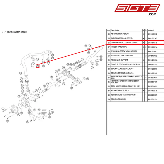 COMBINATION HOLDER WATER PIPE - 9A11064637E [PORSCHE 911 GT3 R Type 991 (GEN 2)]