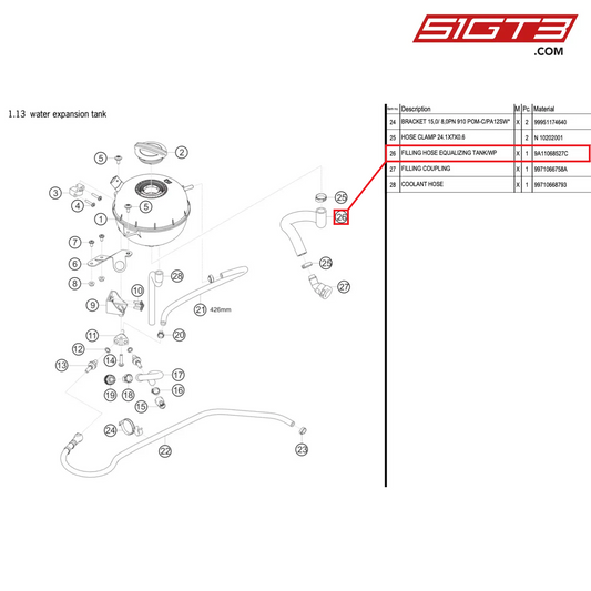 FILLING HOSE EQUALIZING TANK/WP - 9A11068527C [PORSCHE 911 GT3 R Type 991 (GEN 2)]