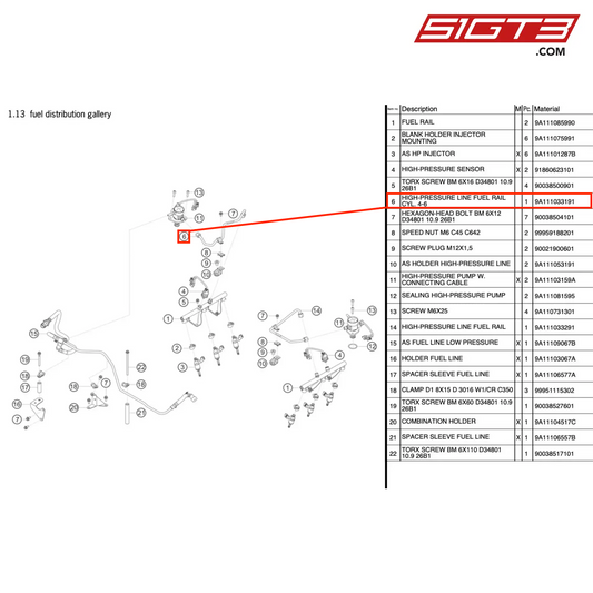高圧ライン 燃料レール シリンダー 4-6 - 9A111033191 [ポルシェ 991.1 GT3 R]