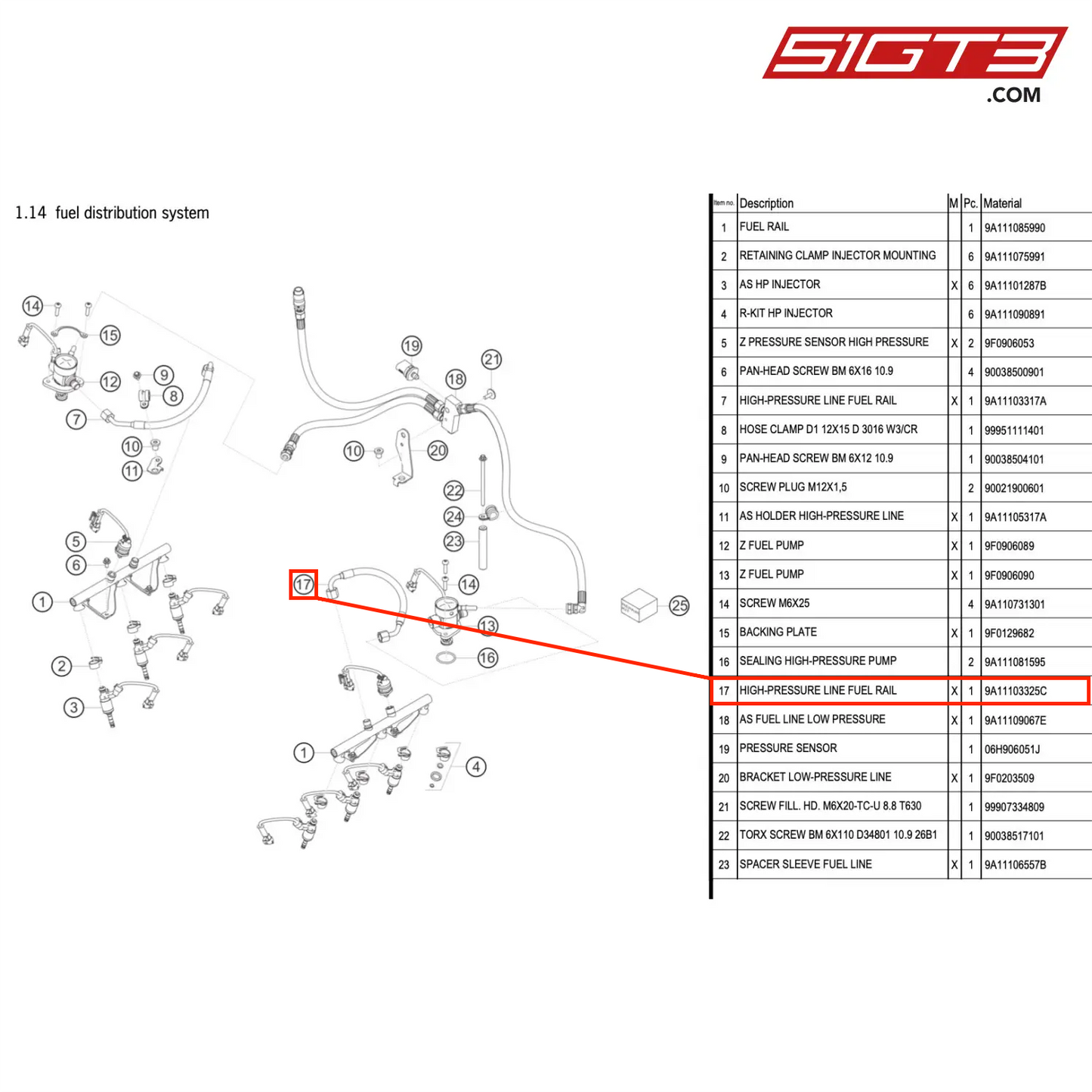 HIGH-PRESSURE LINE FUEL RAIL - 9A11103325C [PORSCHE 911 GT3 R Type 991 (GEN 2)]