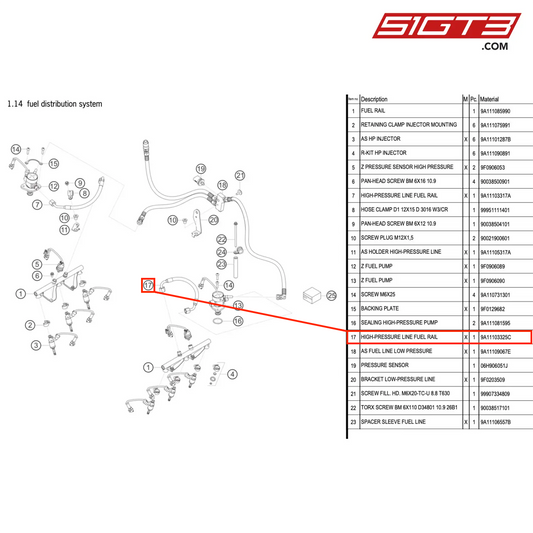 HIGH-PRESSURE LINE FUEL RAIL - 9A11103325C [PORSCHE 911 GT3 R Type 991 (GEN 2)]