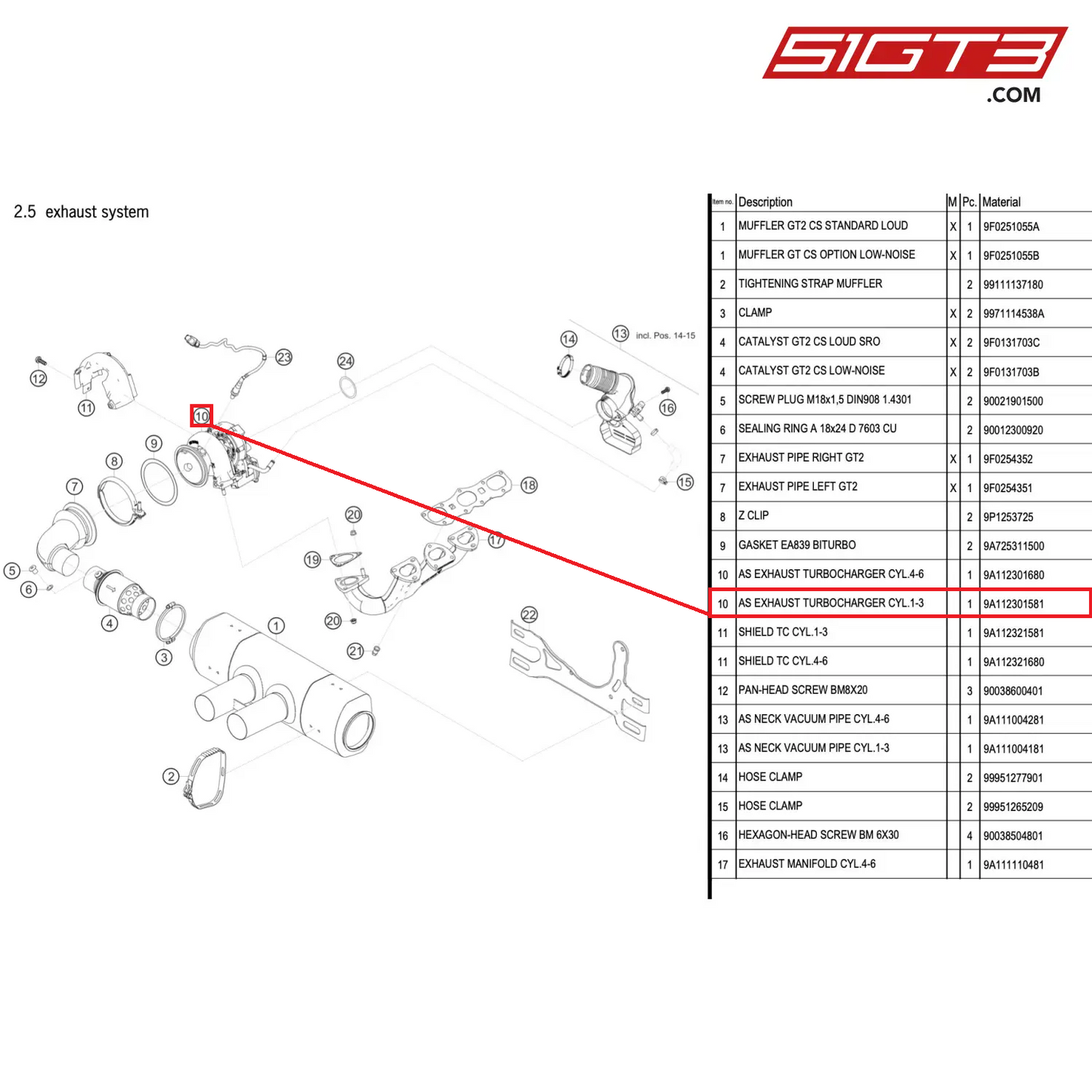 AS EXHAUST TURBOCHARGER CYL.1-3 - 9A112301581 [PORSCHE 911 GT2 RS Clubsport]