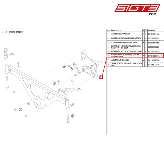中間フランジエンジンサスペンション - 9A13752367A [ポルシェ 991.1 GT3 R]