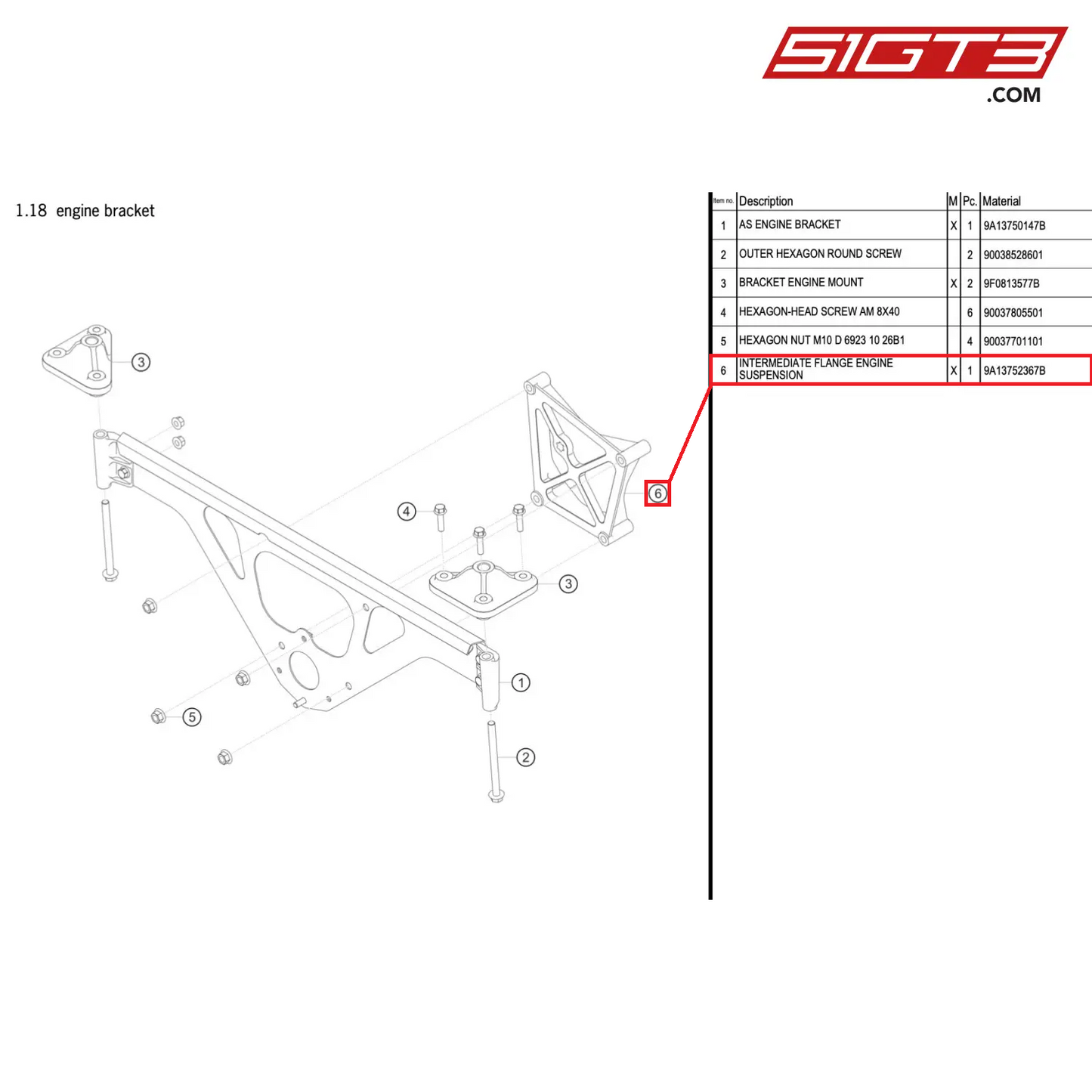 INTERMEDIATE FLANGE ENGINE SUSPENSION - 9A13752367B [PORSCHE 911 GT3 R Type 991 (GEN 2)]