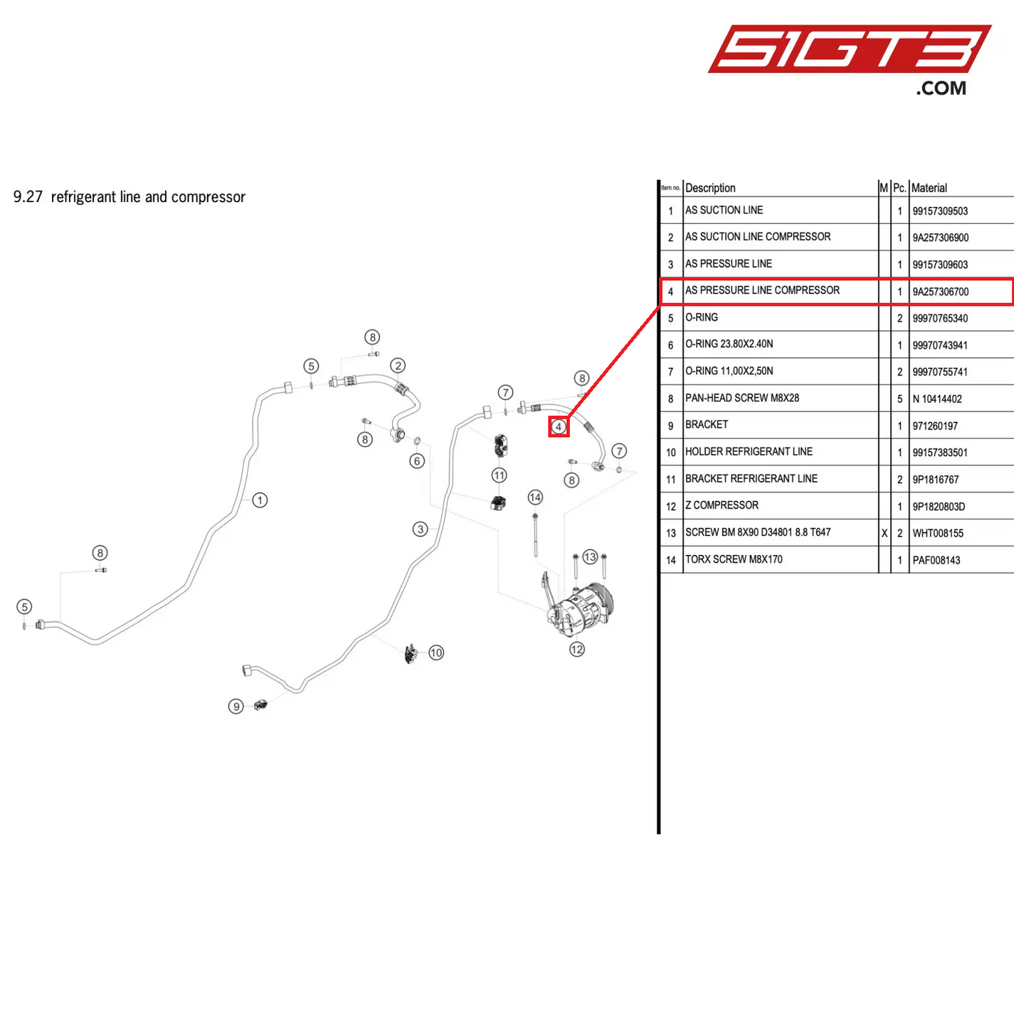 AS PRESSURE LINE COMPRESSOR - 9A257306700 [PORSCHE 911 GT2 RS Clubsport]