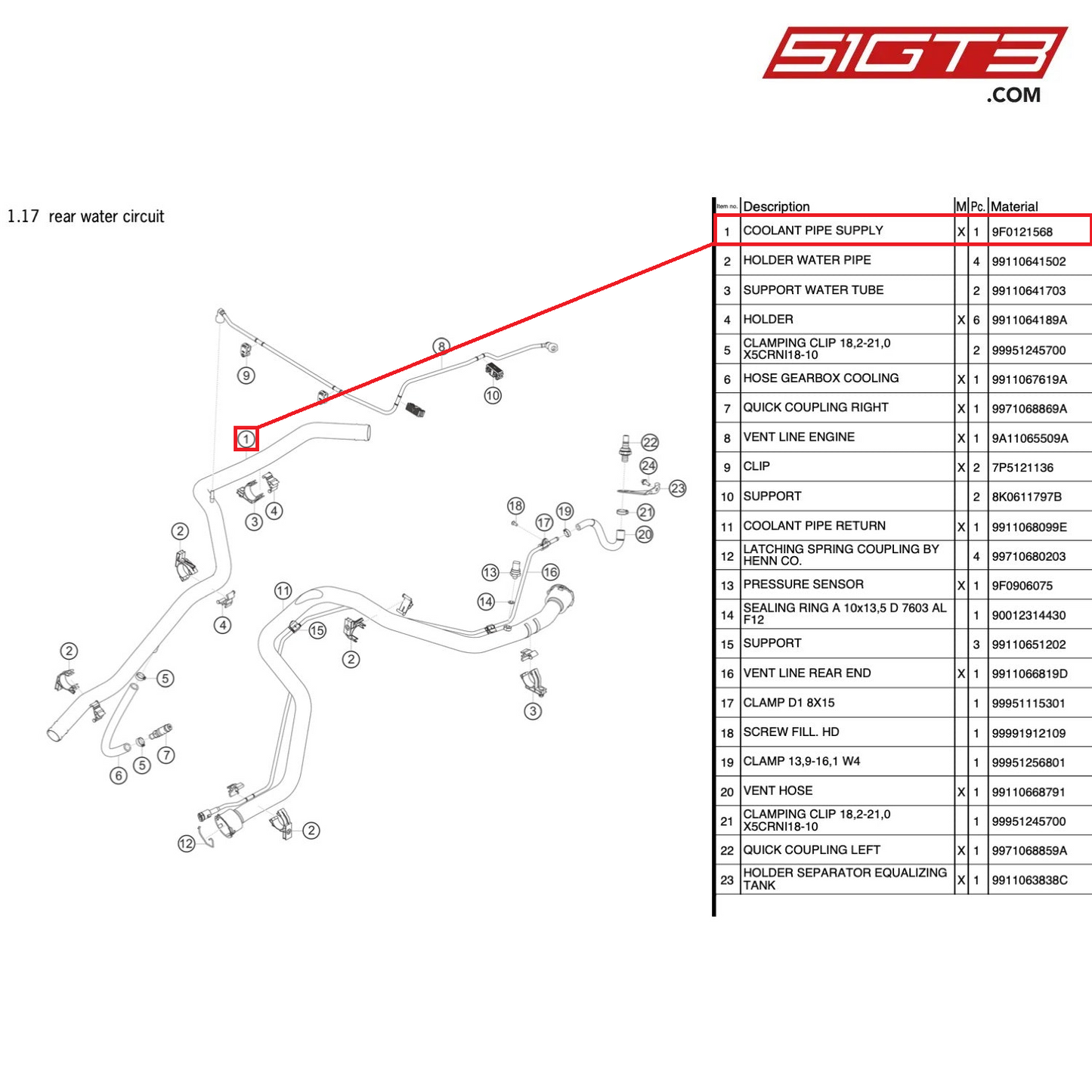 COOLANT PIPE SUPPLY - 9F0121568 [PORSCHE 991.1 GT3 Cup (2017)]