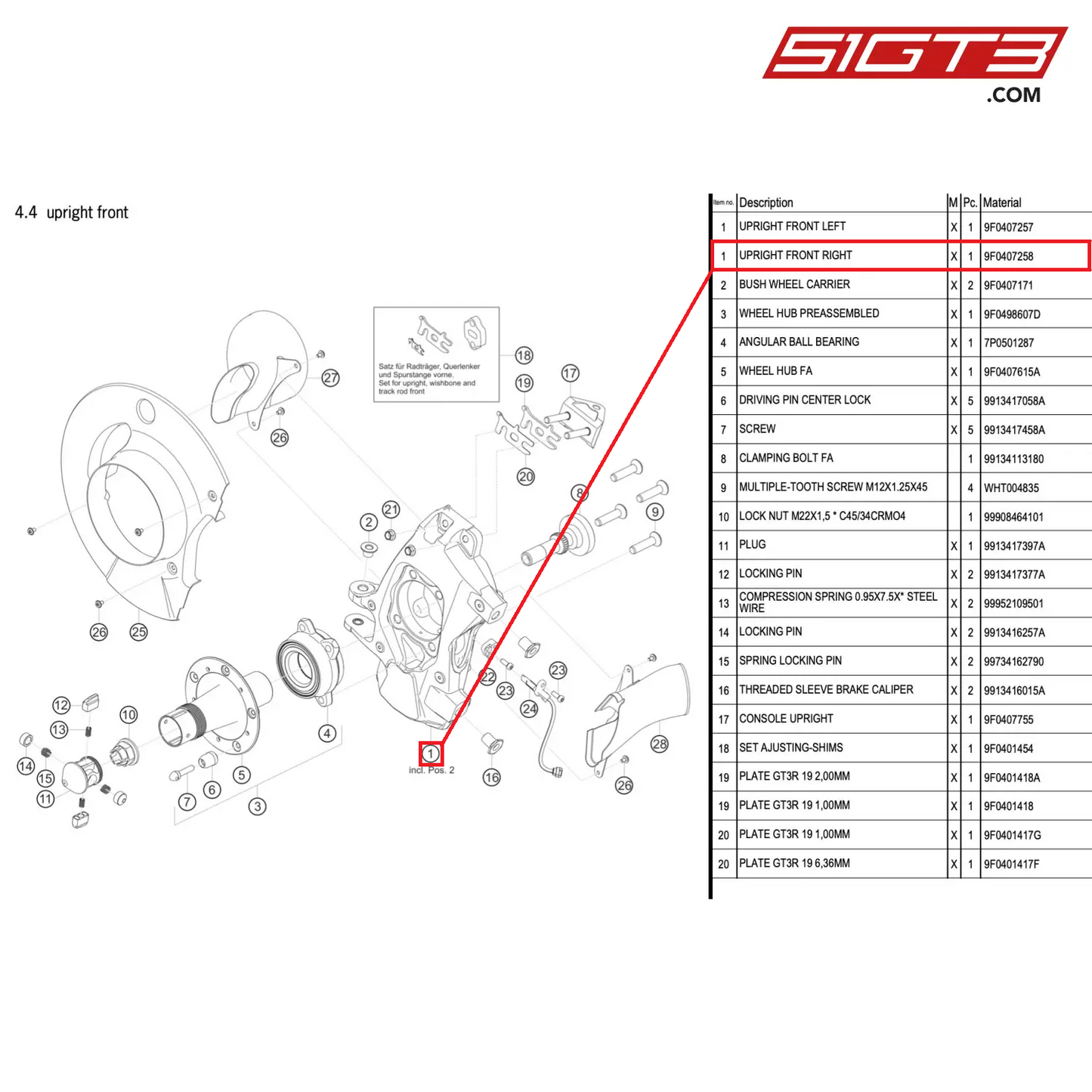 UPRIGHT FRONT RIGHT - 9F0407258 [PORSCHE 911 GT3 R Type 991 (GEN 2)]