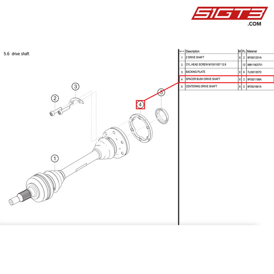 スペーサーブッシュドライブシャフト - 9F0501199A [ポルシェ 911 GT2 RS クラブスポーツ]