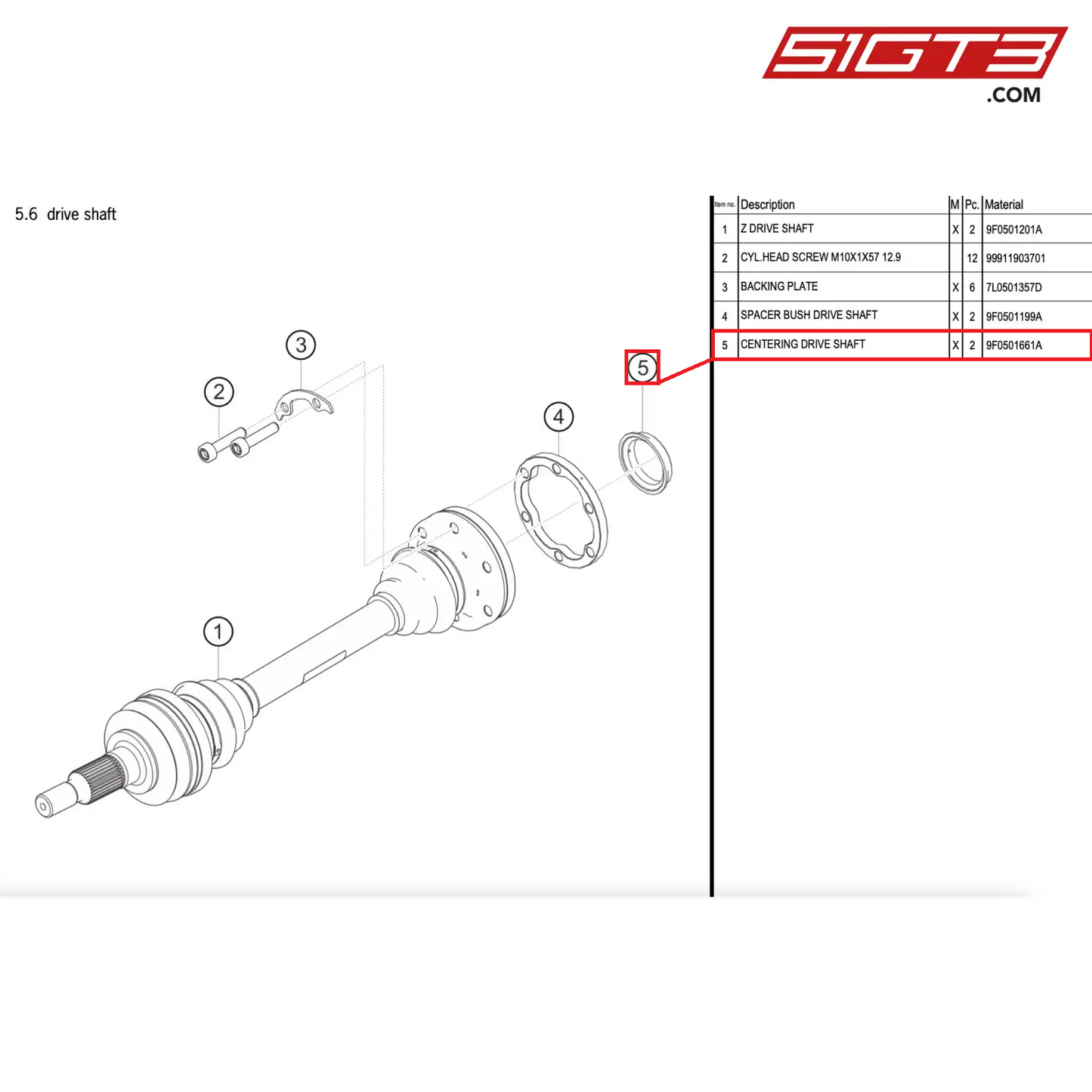 CENTERING DRIVE SHAFT - 9F0501661A [PORSCHE 911 GT2 RS Clubsport]