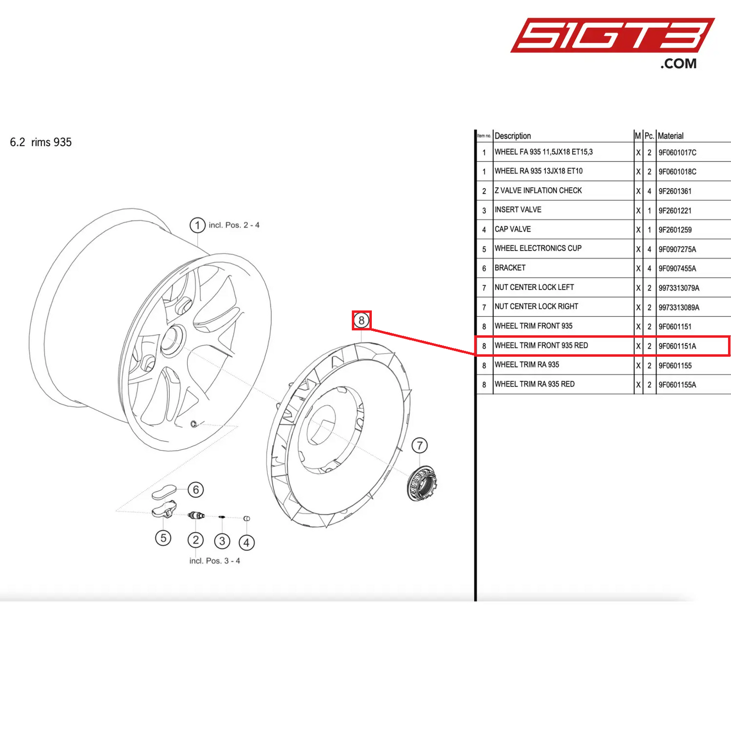 WHEEL TRIM FRONT 935 RED - 9F0601151A [PORSCHE 911 GT2 RS Clubsport]