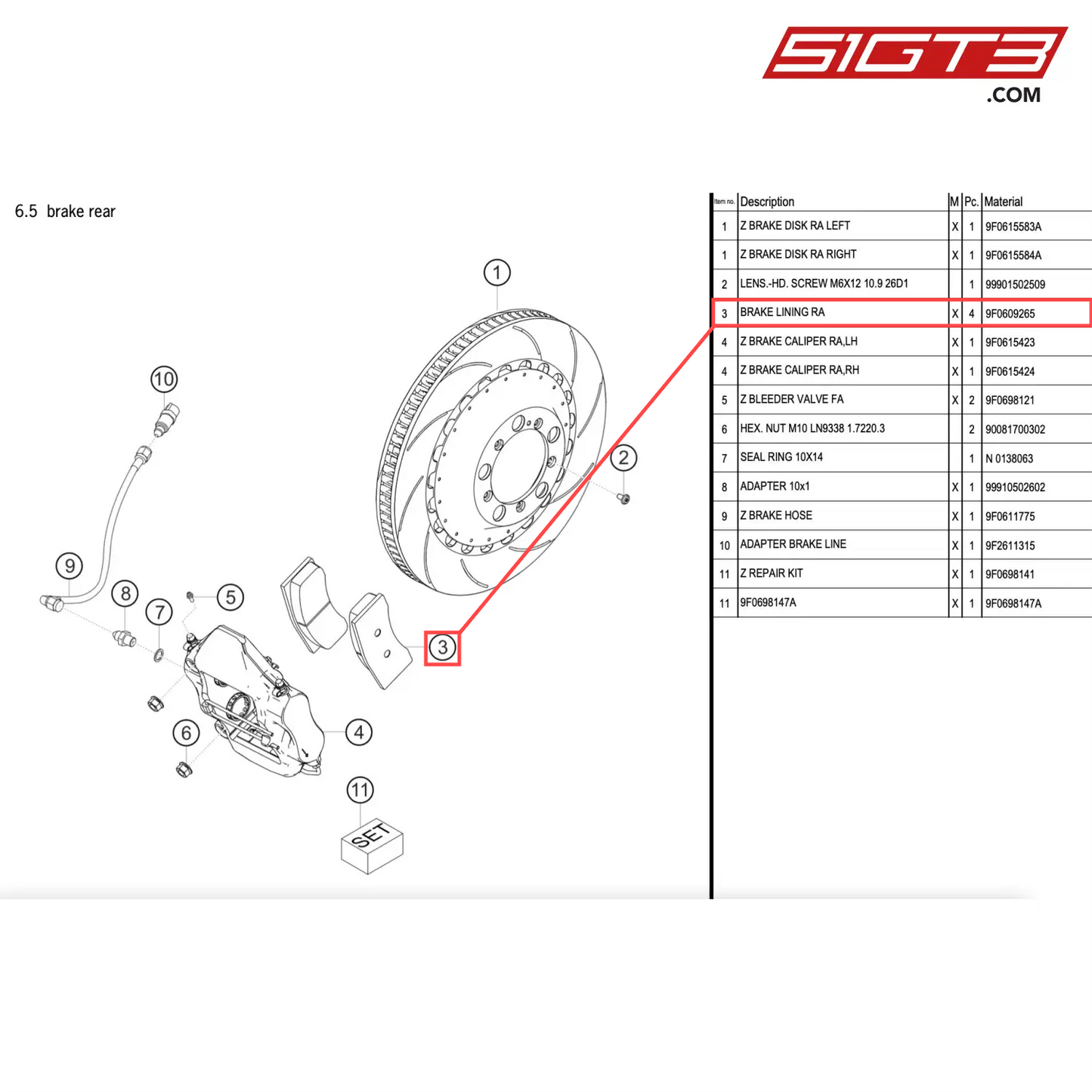 BRAKE LINING RA - 9F0609265 [PORSCHE 911 GT2 RS Clubsport]